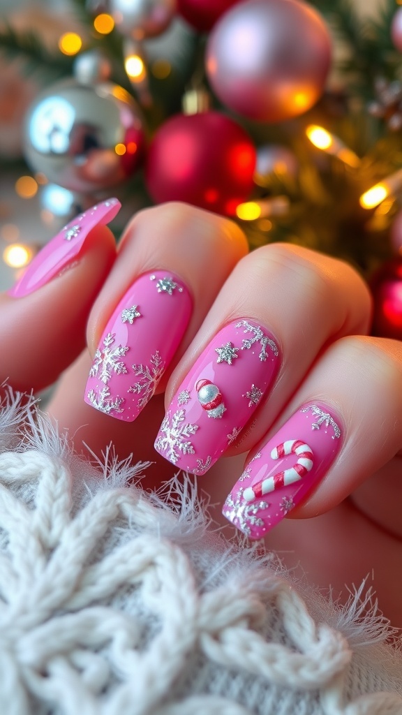 Pink Christmas Nail Art Ideas for Winter Close-up of pink Christmas nails with snowflake and candy cane designs, decorated with glitter.